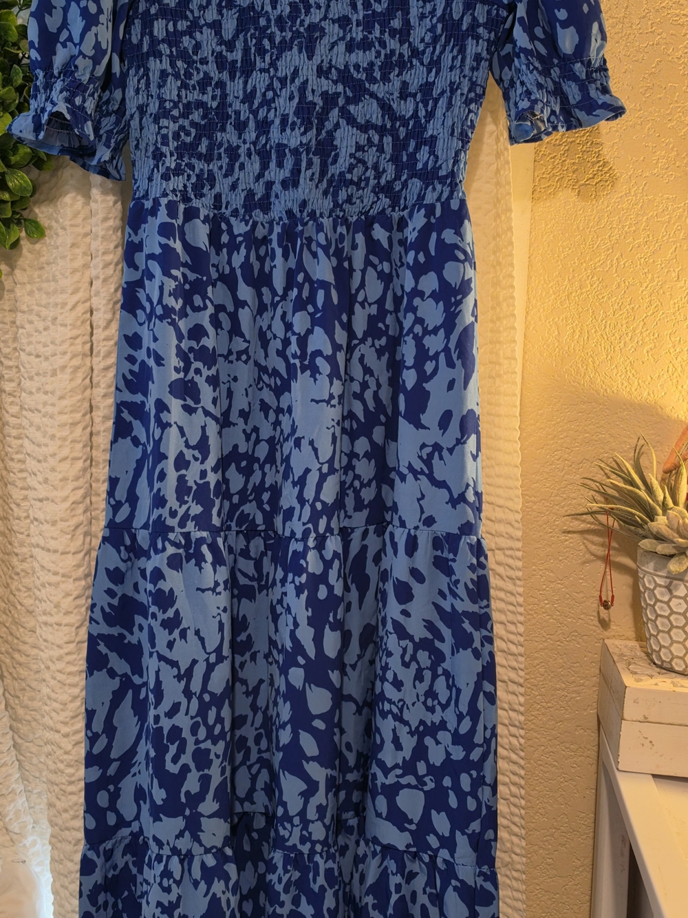 Blue Printed Smocked Midi Dress - Unbranded